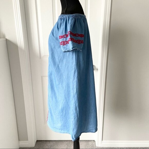 Style & Co Off The Shoulder Voyage Sunwash Chambray Embroidery Dress - Picture 3 of 15